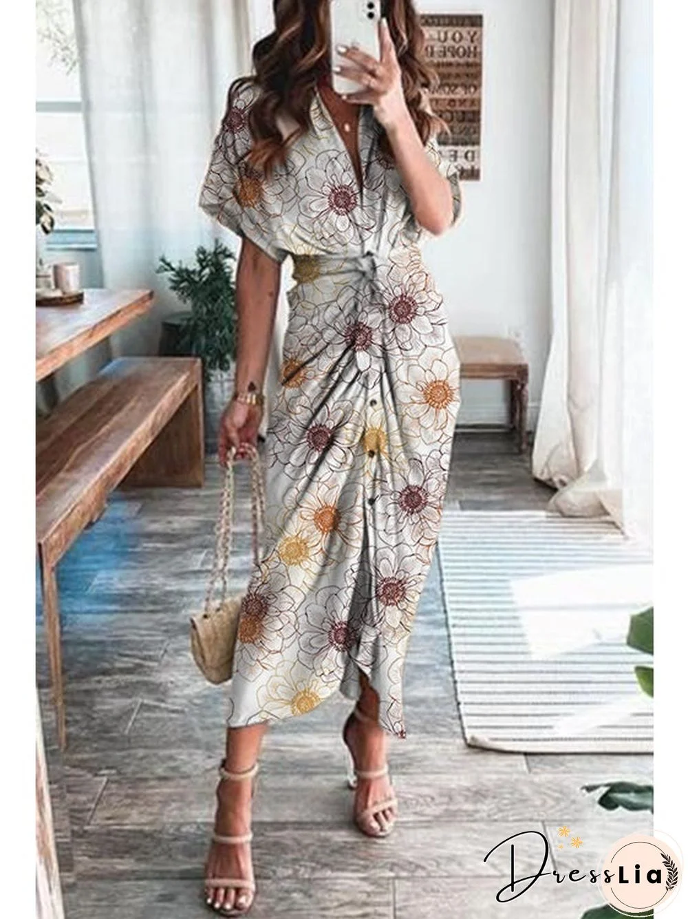 Print Satin Pleated Classy Bandage Shirt Dress