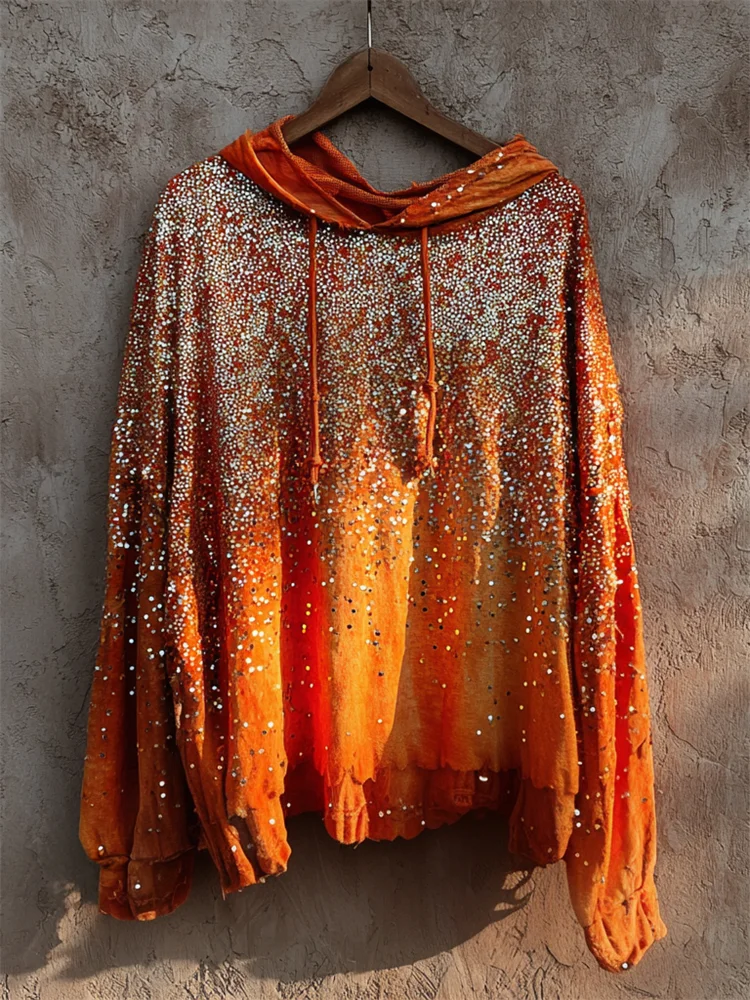 Vintage Glitter Sequins Orange Washed Hoodie