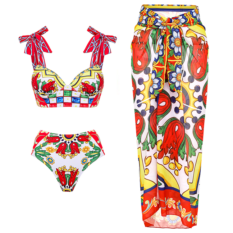 Bow-tie Paisley-print Bikini Swimsuit and Skirt Flaxmaker