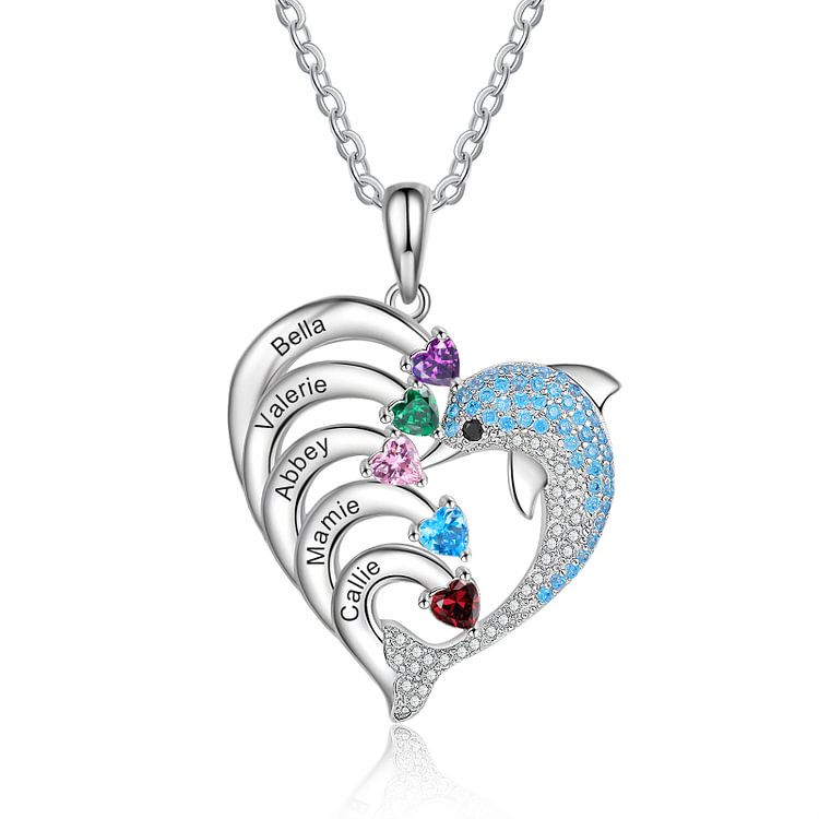 Collar Corazón delfín 5 nombres personalizados con 5 piedras de nacimiento