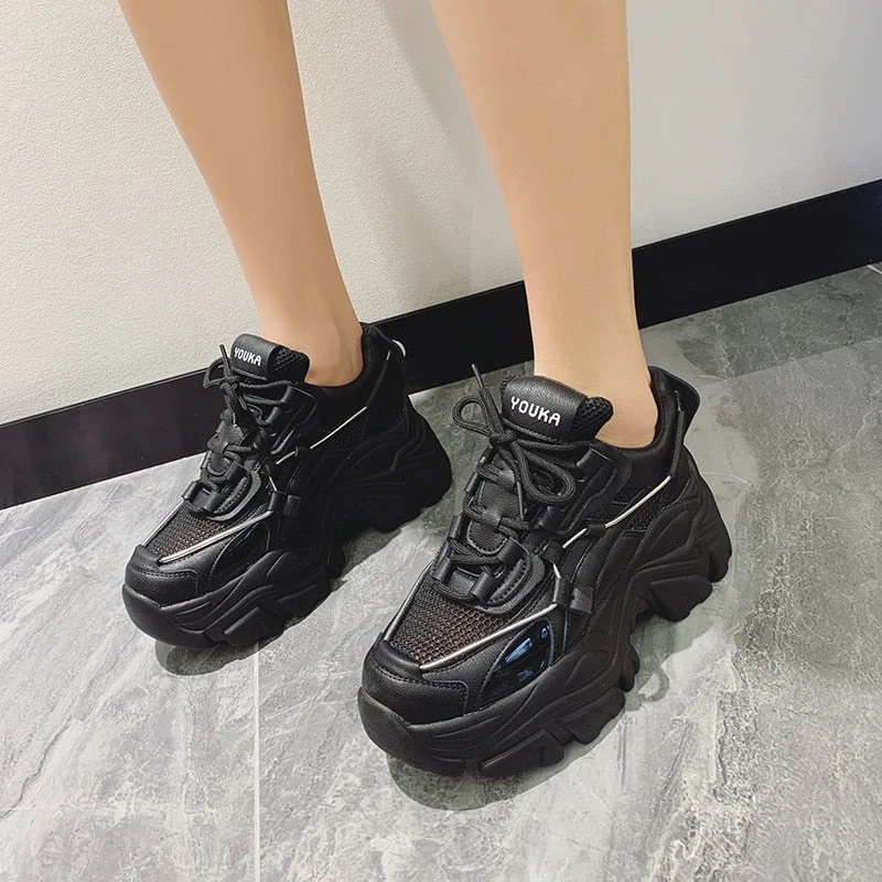 2021 Spring Women Chunky Sneakers Fashion Solid Color Platform Shoes Lace Up Breathable Mesh Vulcanize Shoes Women Casual Shoes