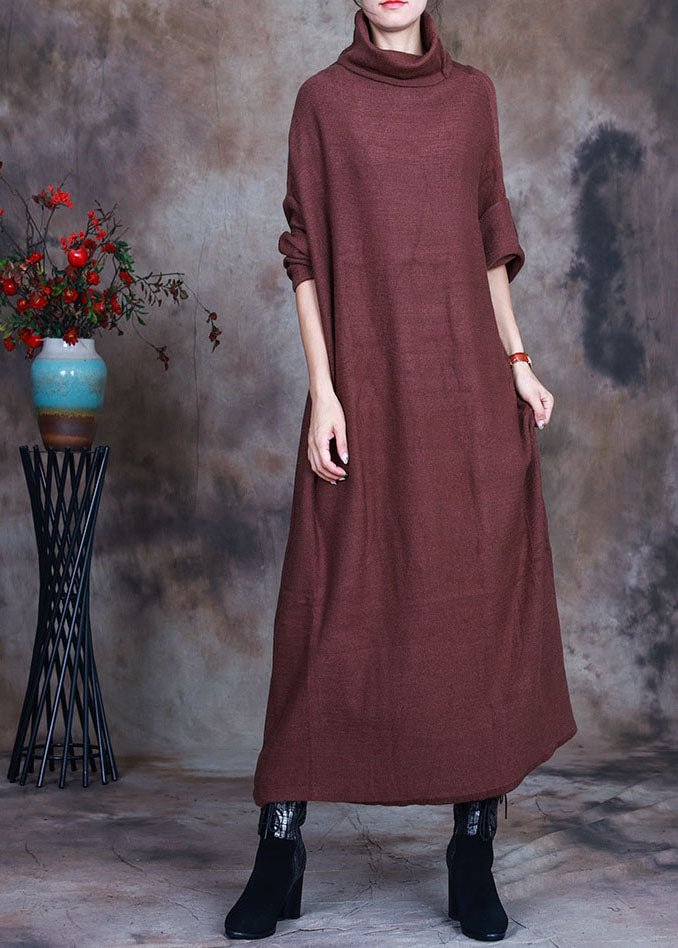 French Coffee Turtle Neck Knit Dresses Spring CK1914- Fabulory