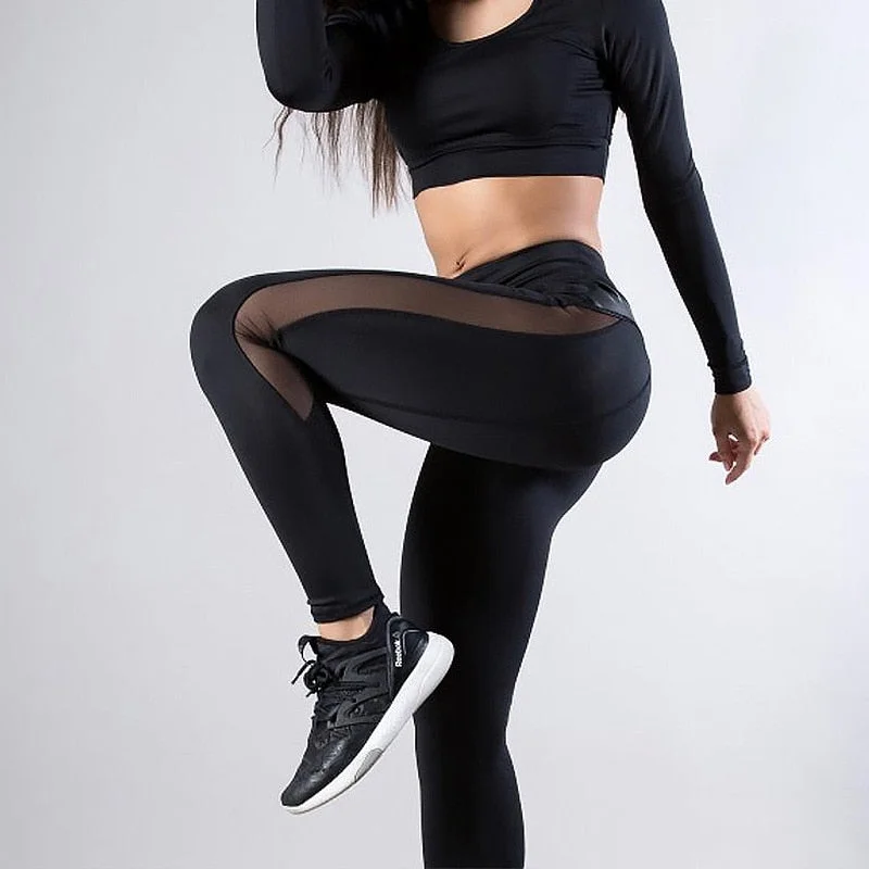 SVOKOR Solid High Waist Black Fitness Legging Women Heart Workout Leggins Femme Fashion Mesh And PU Leather Patchwork Leggings