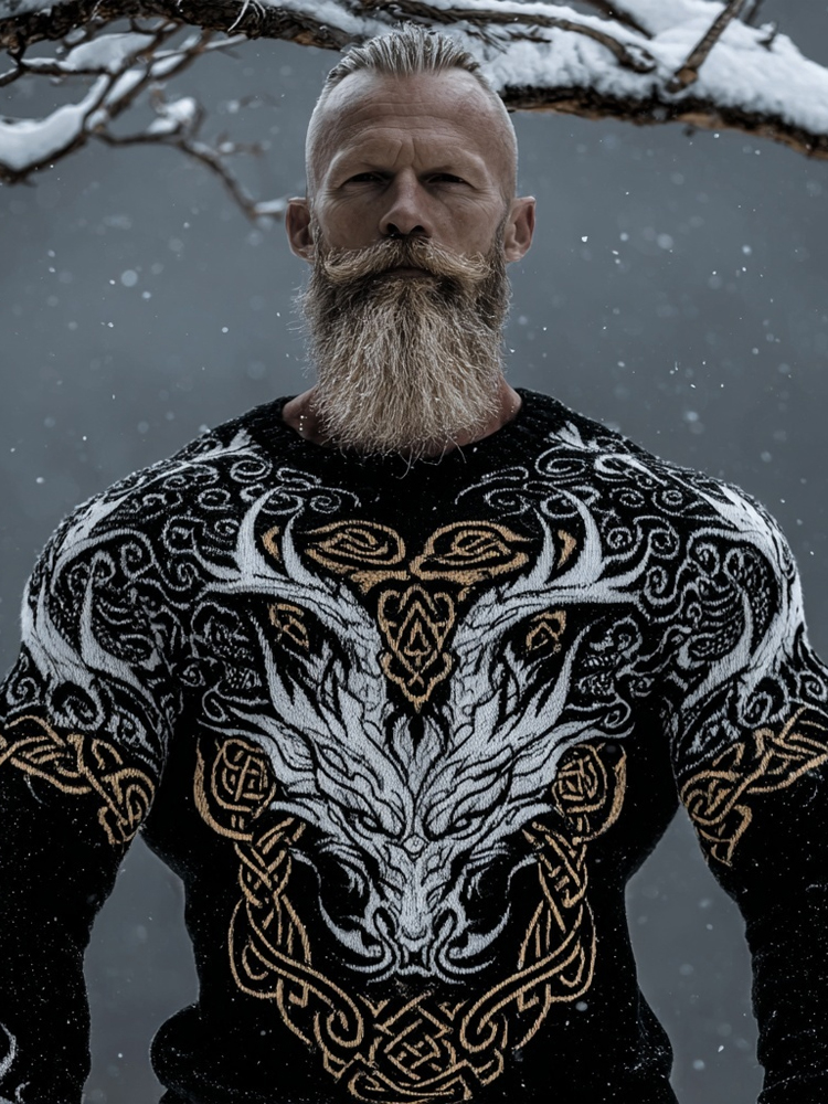 Men's Viking Style Vintage Dragon Art Cozy Knit Sweater elevenforest