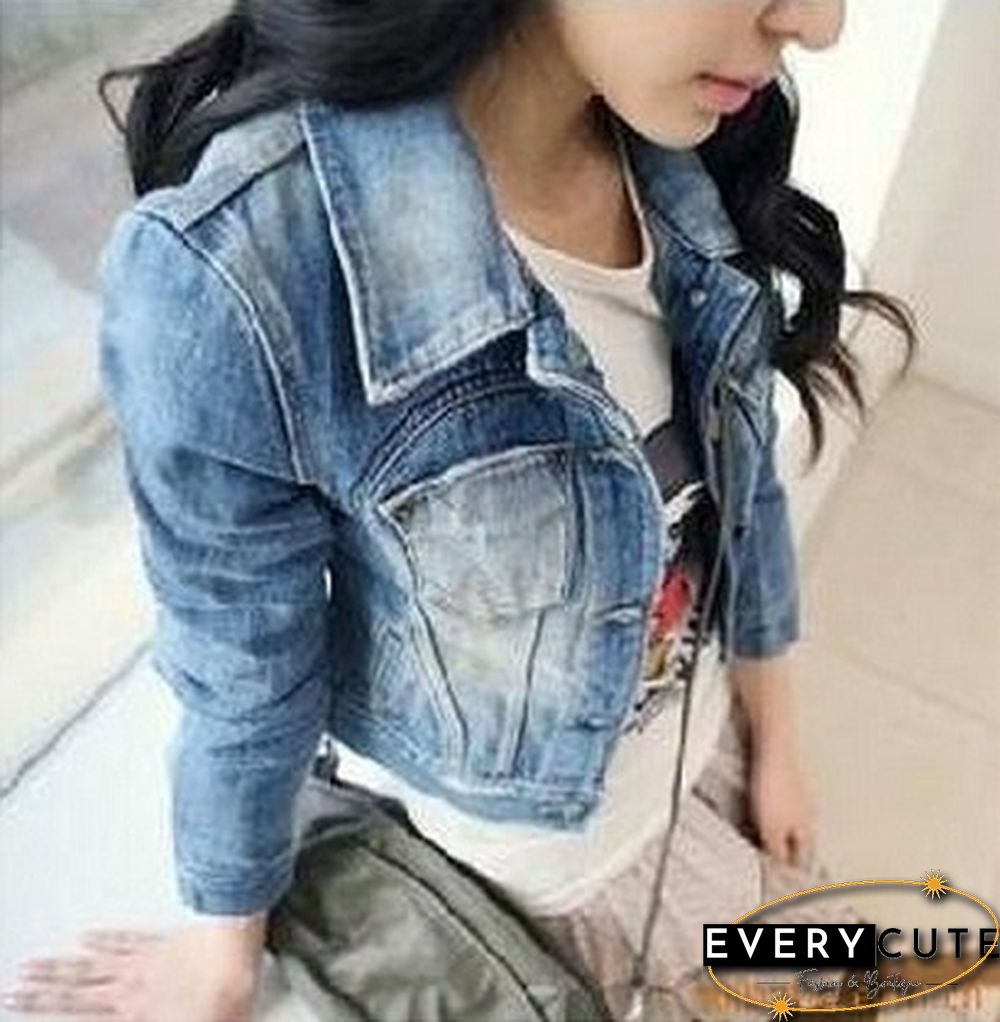 Spring Womens Girls Sweet Princess Slim Crop Denim Jacket Distressed Outerwear Coat Worn White Washed Short Jean Jacket