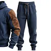 Men's Vintage Navy Blue Stitching Brown Suede Pocket Hoodie And Sweatpants Jogger Set by Inlyline