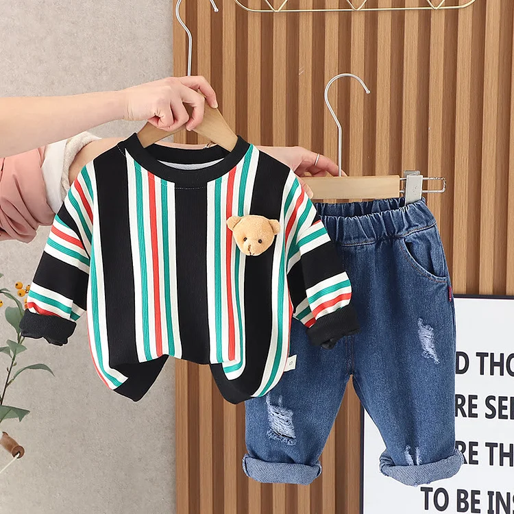 Toddler Vertical Striped Ripped Denim 2 Pieces Set