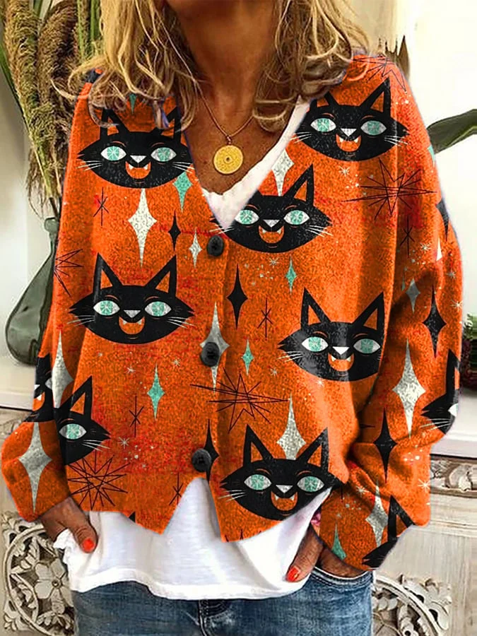 Stylish Art Cat Print Plush Cardigan