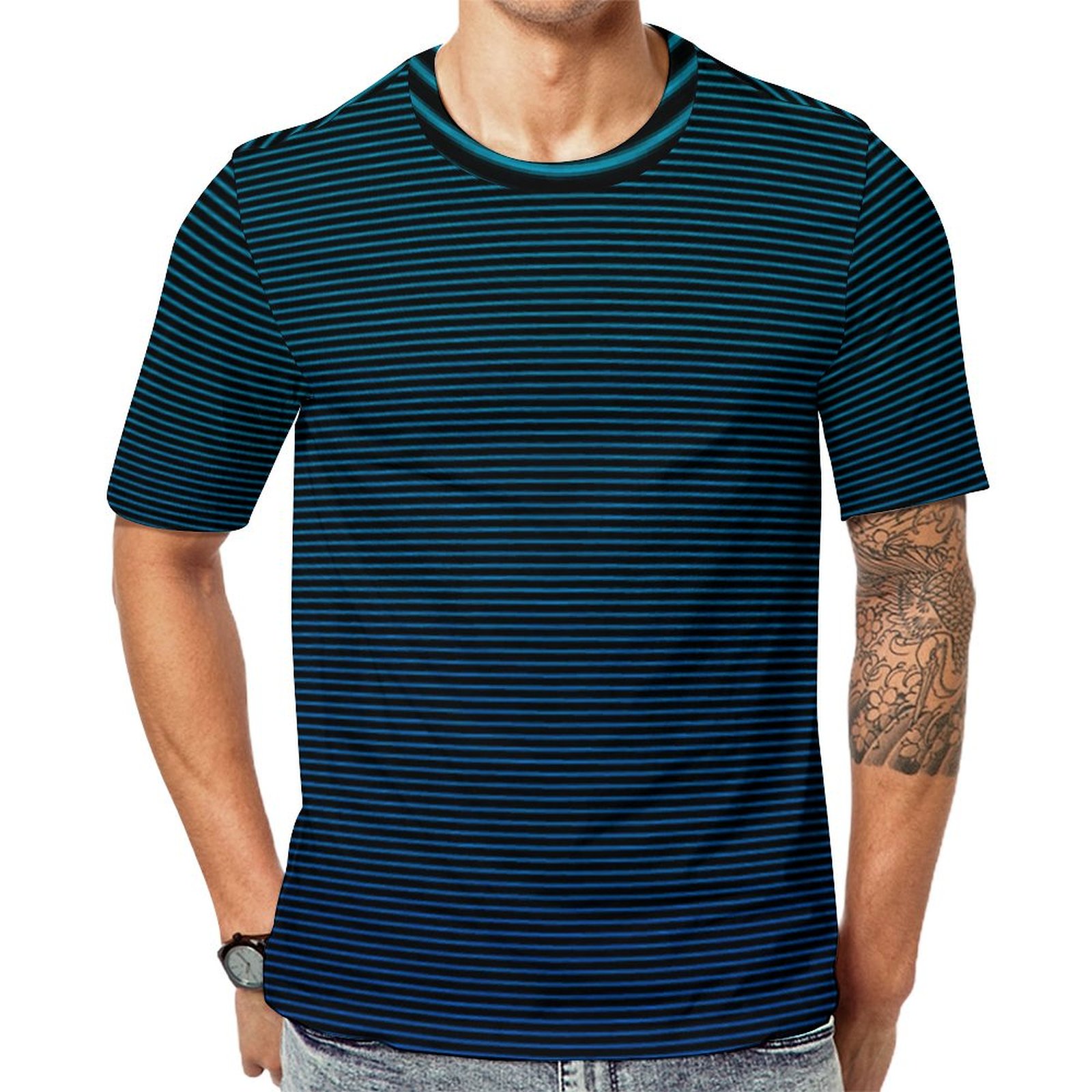 Simple Horizontal Stripes Teal Stripped Cool Short Sleeve Print Unisex Tshirt Summer Casual Tees for Men and Women Coolcoshirts