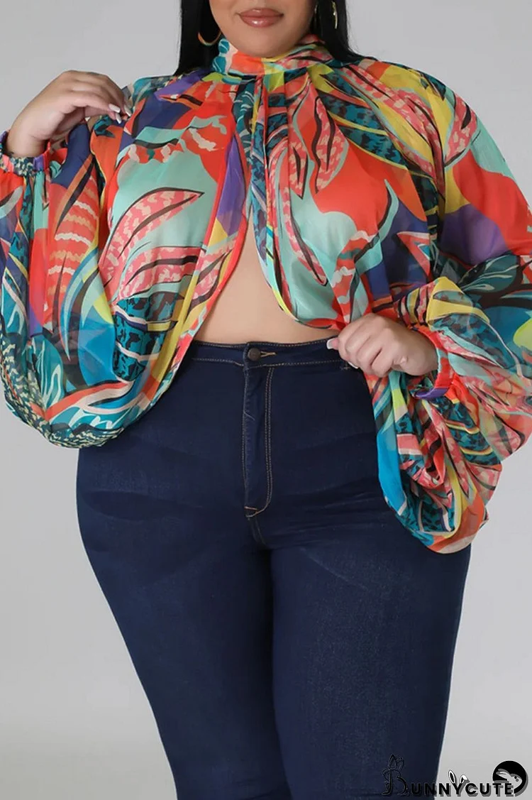 Multicolor Casual Print Patchwork Turtleneck Plus Size Tops
