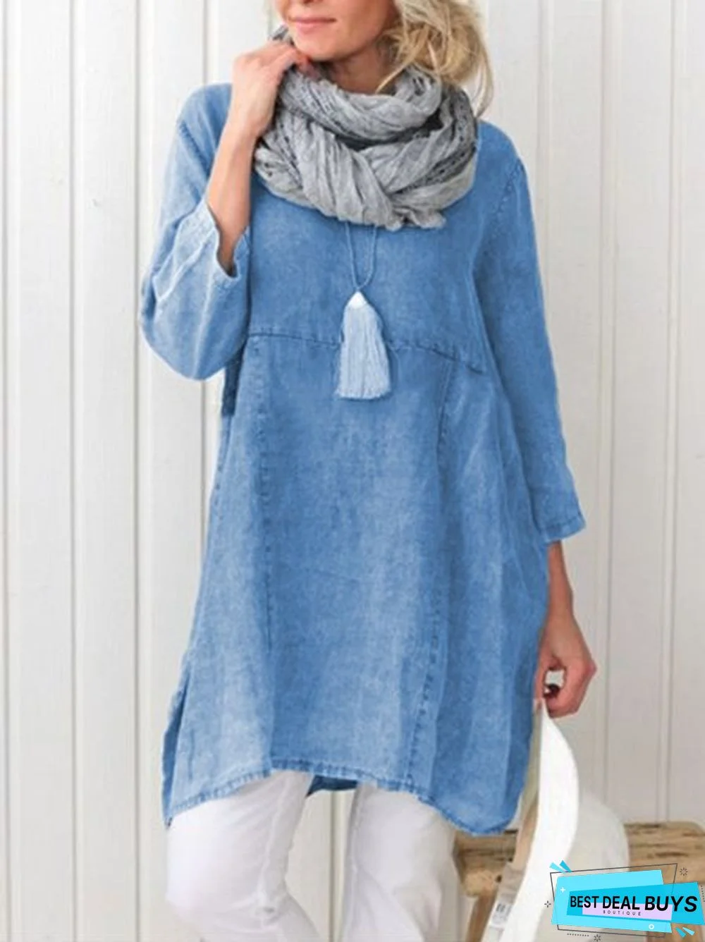 zolucky Plus Size Casual Plain Long Sleeve Linen Dress