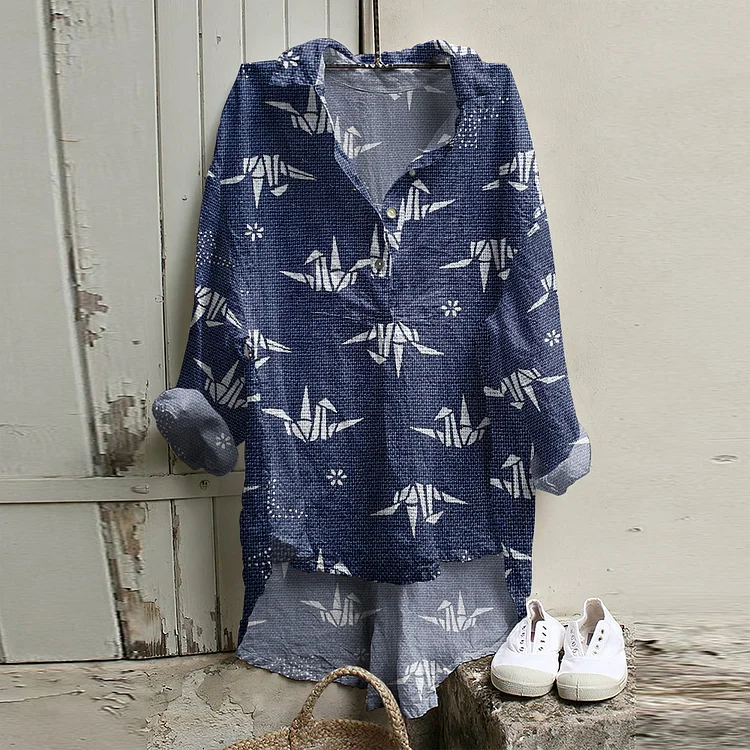 Comstylish Japanese Art Paper Crane Print Long Sleeve Casual Shirt