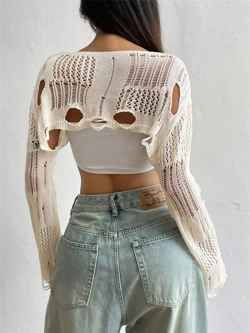 Athvotar Athvotar Spring And Summer New Tuk Hollow Hole Design Knitted Shirt Short Sweater