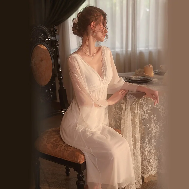 Lace Victorian Dress Women Long Robe Nightdress Bride Sleepwear Deep V Pajamas Backless Camisolas Nightgown Sexy Nightwear 2022
