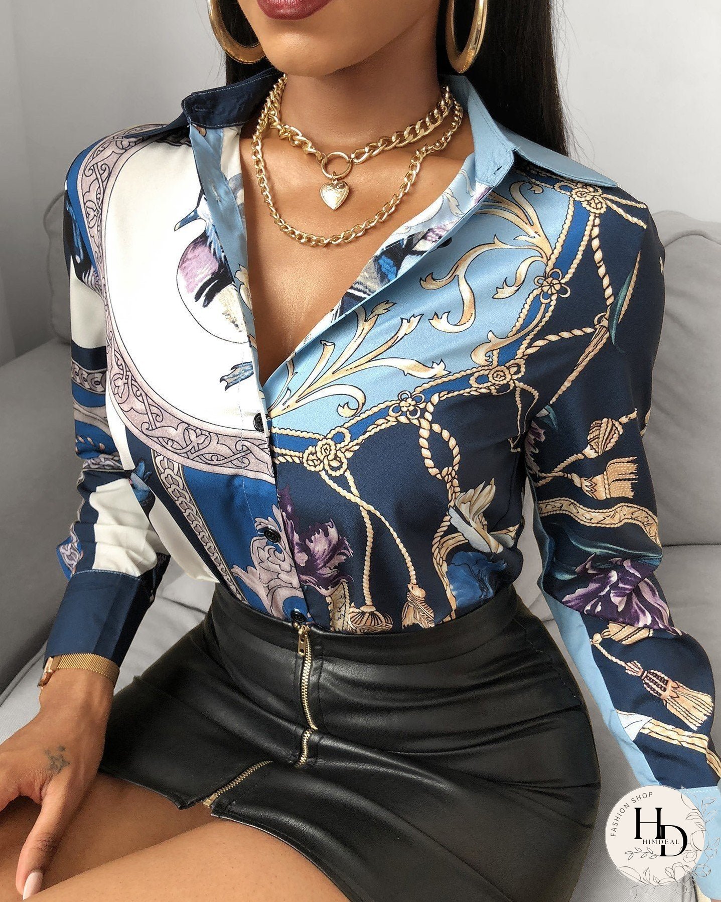 Bird Scarf Print Long Sleeve Shirt