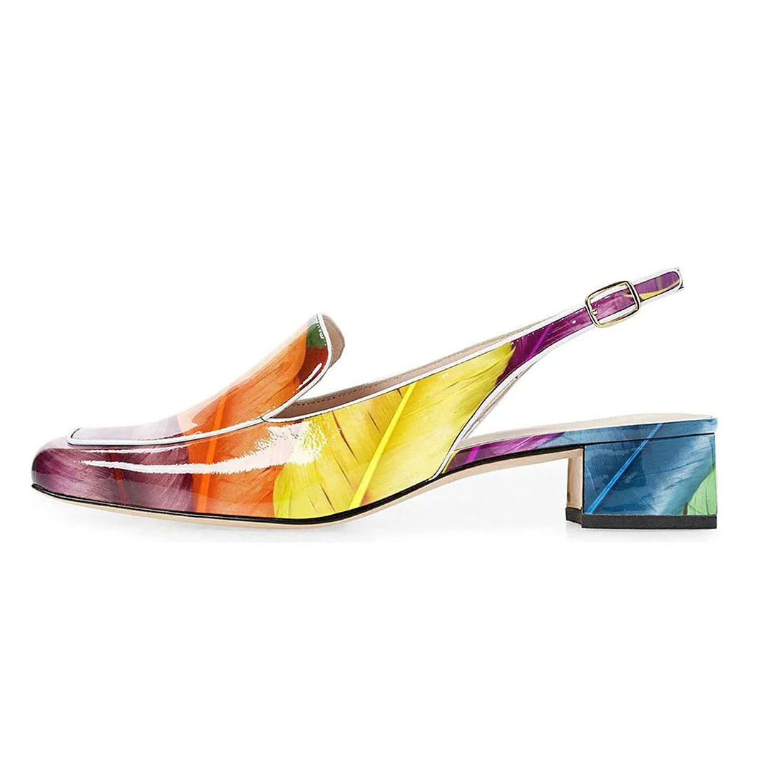 Colorful Feather Printed Patent Leather Block Heel Slingback Loafers 