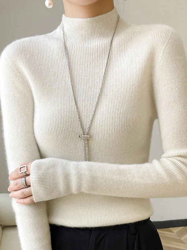 Casual Skinny Long Sleeves Solid Color Half Turtleneck Sweater Tops