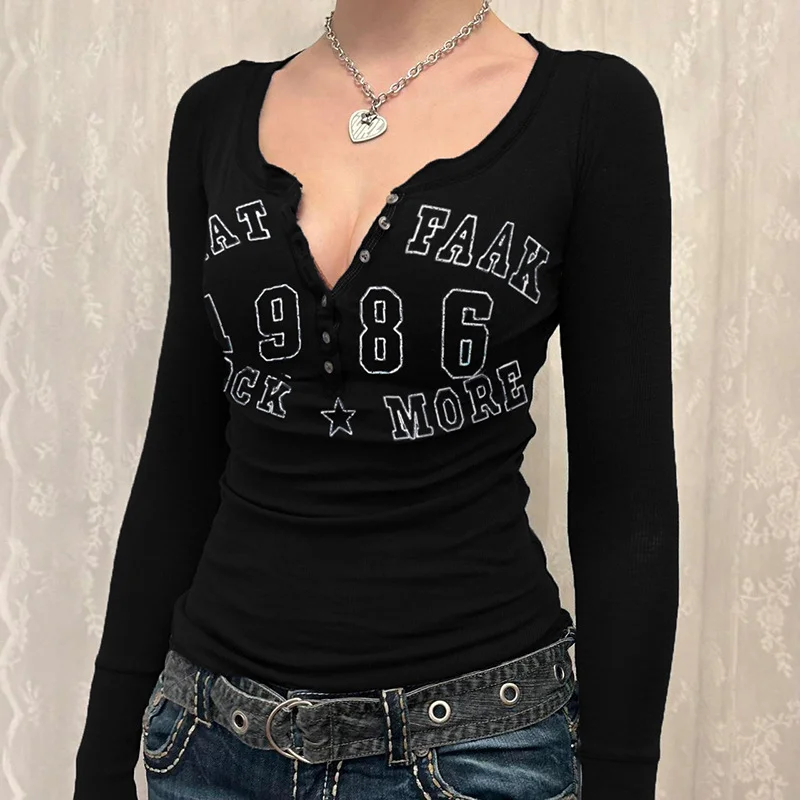 Woherb Woherb Spice Girl Letter Print Breasted V-Neck T-Shirt Women's New Slim Knit Bottom Long-Sleeved Top-Outfit Ideas