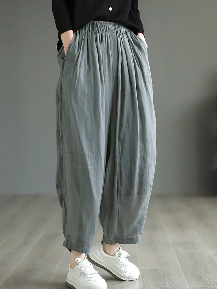 Women Vintage Solid Button Pleat Summer Ramie Pants