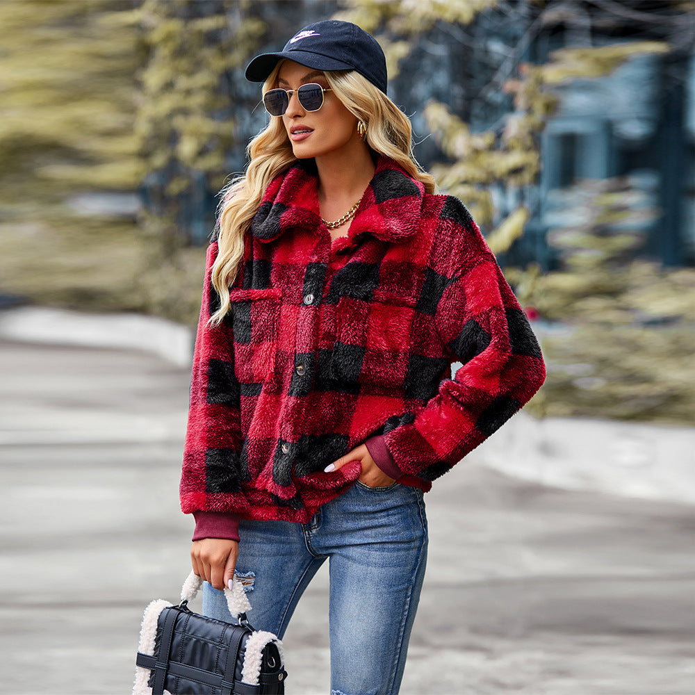  thdmladies Thickened Checked Fleece Coat thedmladies