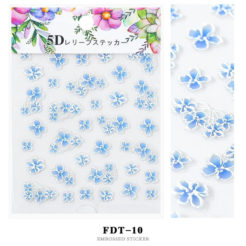 Nail Stickers Embossed 5D Flowers Leafs Designs Back Glue Nail Decals Decoration Tips For Beauty Salons-Nail Inspo