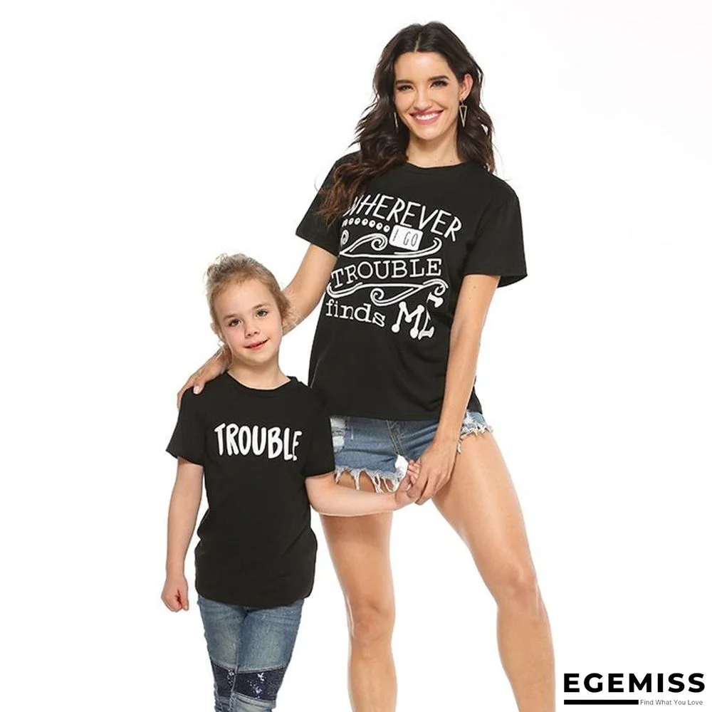 Mommy and Me Round collar Letter Black Short Sleeve Matching Tops | EGEMISS