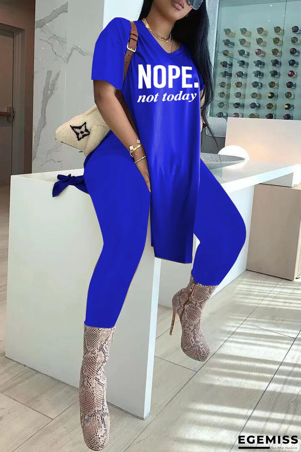 Blue Fashion Casual Letter Print Slit V Neck Short Sleeve Two Pieces | EGEMISS