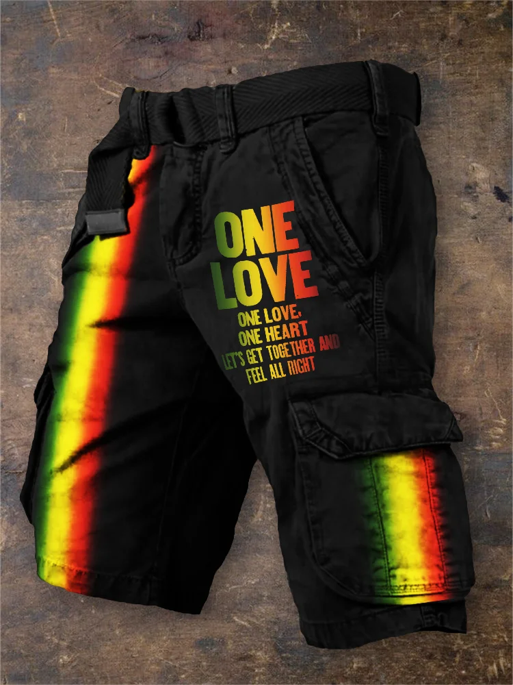 Comstylish Men's One Love Reggae Lover Rasta Gradient Cargo Shorts