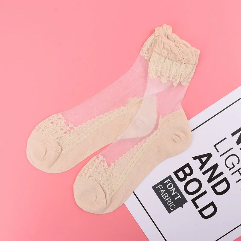 2020 Elastic Socks Crystal Glass Silk Ultrathin Lace Literary Sale 5 Pairs Summer Transparent Short Socks