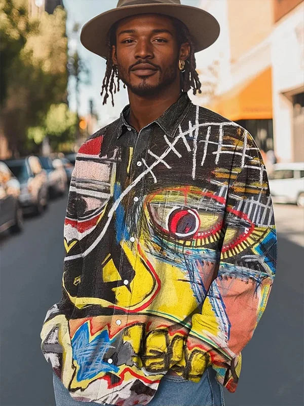 Men's Face Portrait Abstract Art Print Long Sleeve Shirt