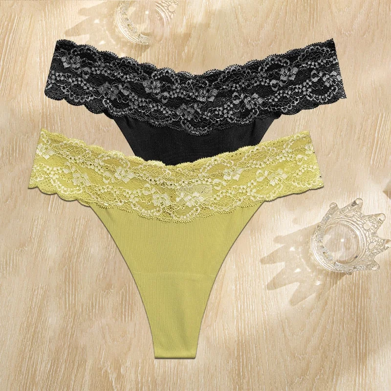FINETOO 2PCS/Set Gstring Seamless Women Lace Pantys Girls Thongs S-L Fashion Sexy Underwear For Woman Lingerie Floral Panties