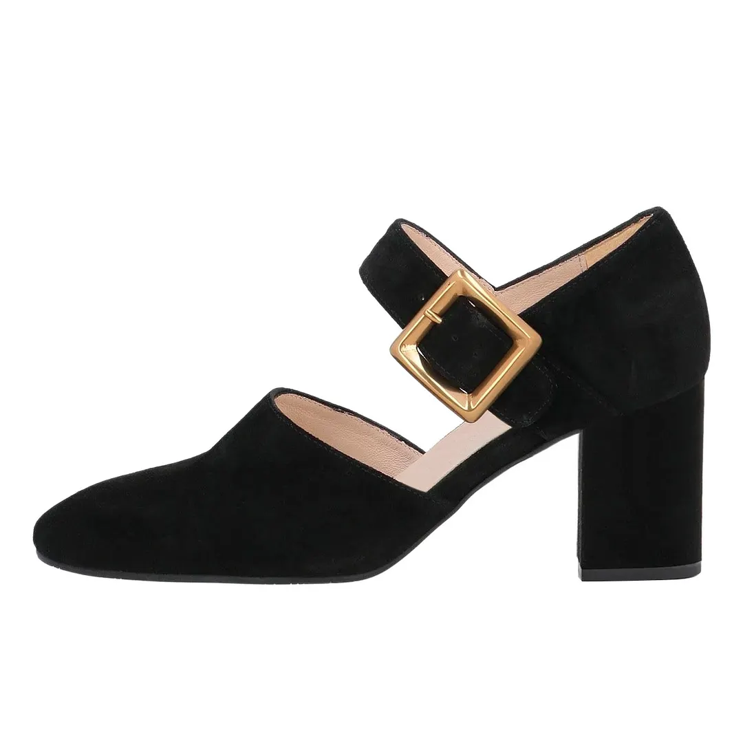 Vegan Suede Round Toe Ankle Strap Buckled Black Pumps for Women