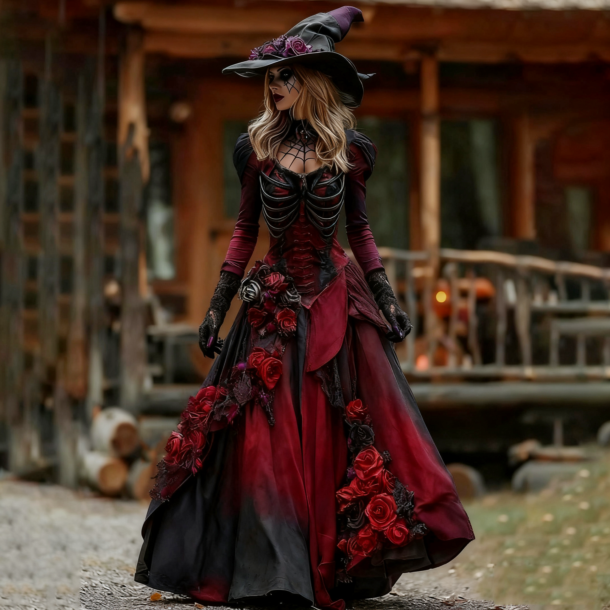 Vintage Witch Skull Rib Cage Rose Pattern Maxi Dress