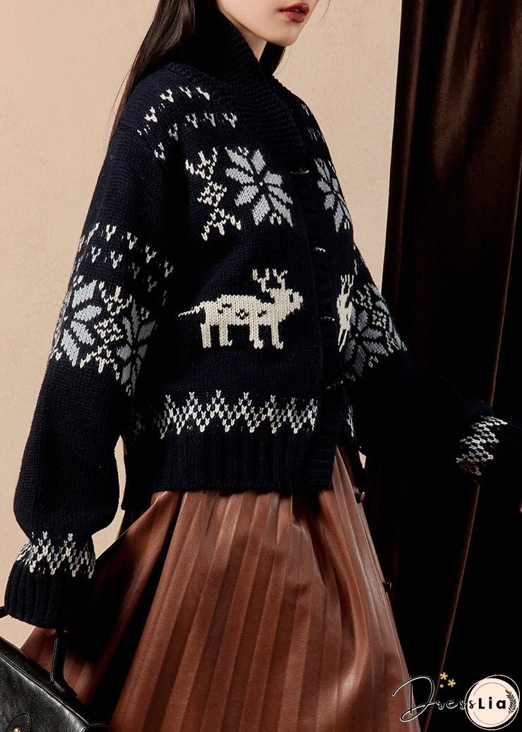 Jacquard Navy Button Cozy Knit Coats Winter