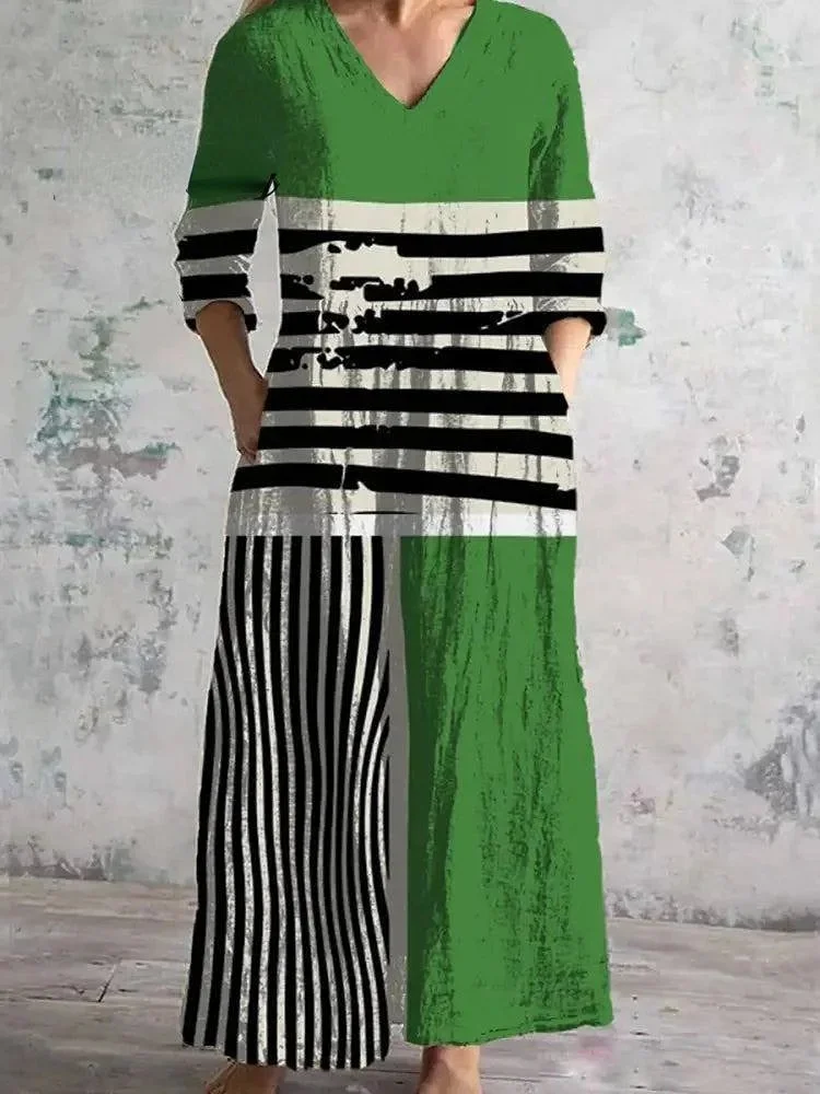 Vintage Stripe Art Print Chic V-Neck Three-Quarter Sleeves Elegant Midi Dress
