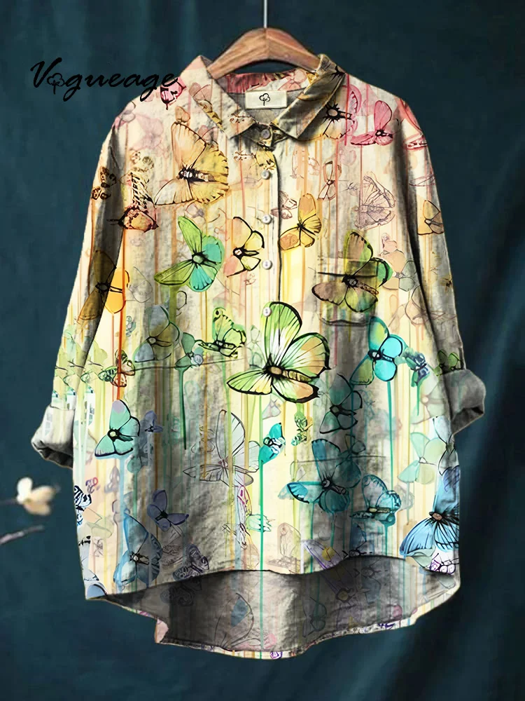 Fashion Colorful Dream Butterfly Printed Cotton And Linen Shirt