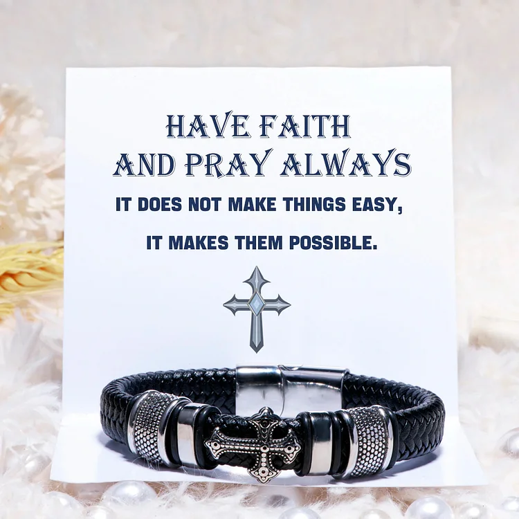 Cross Leather Bracelet Magenetic Bracelet "Have Faith and Pray Always"