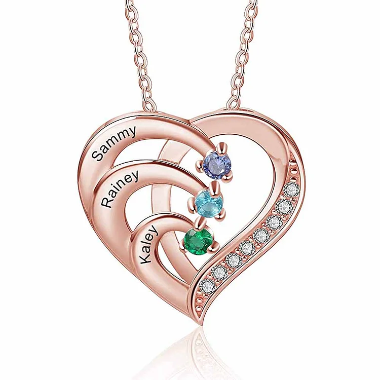 Personalized Mother Necklace 3 Stones Engraved 3 Names Birthstone Intertwined Heart Pendant