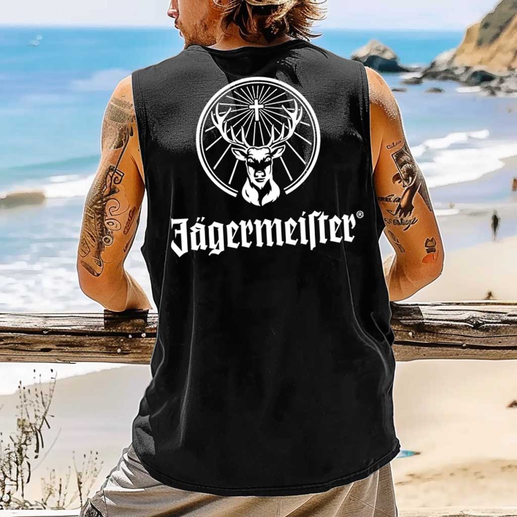 Men's Vintage Drinking Deer Surfing Graphic Print Round Neck Sleeveless Muscle Tank Top / TECHWEAR CLUB / Techwear