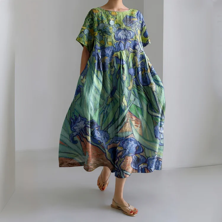 Vintage Irises Art Inspired  Art Print Cotton Linen Dress