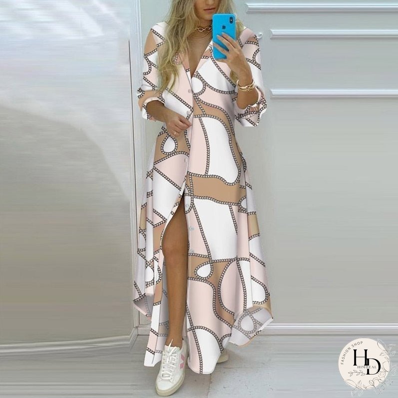 New Spring Summer Striped Split Maxi Dress Casual Turn-Down Collar Button Shirt Long Dress Women Elegant Long Sleeve Party Dress