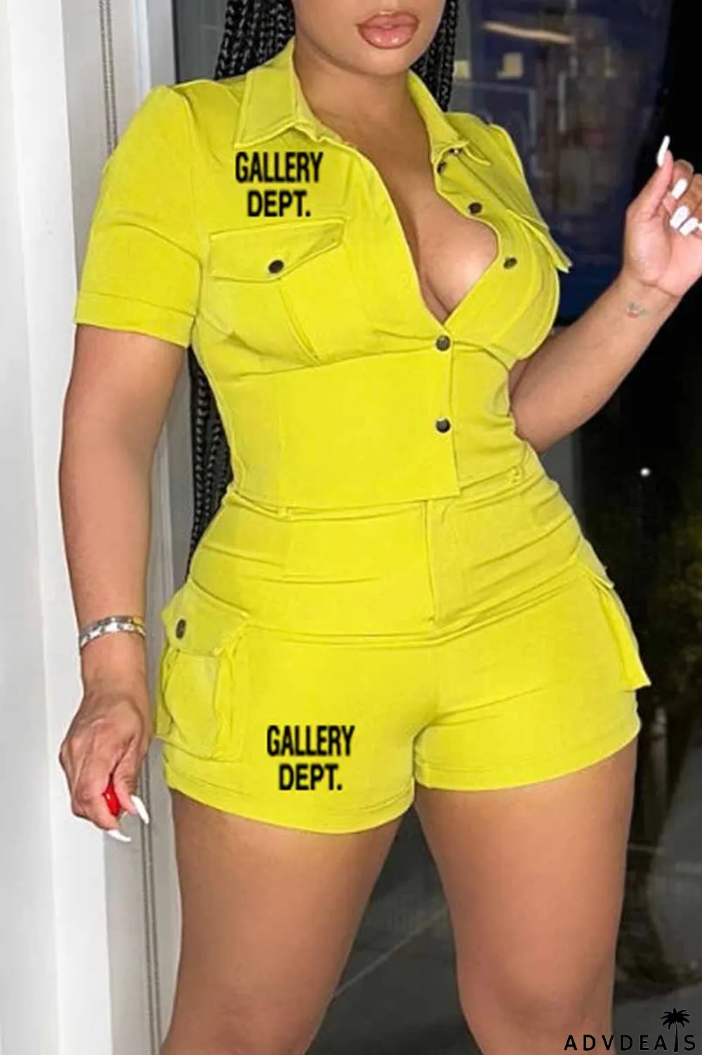 Yellow Street Print Letter Turndown Collar Short Sleeve Two Pieces