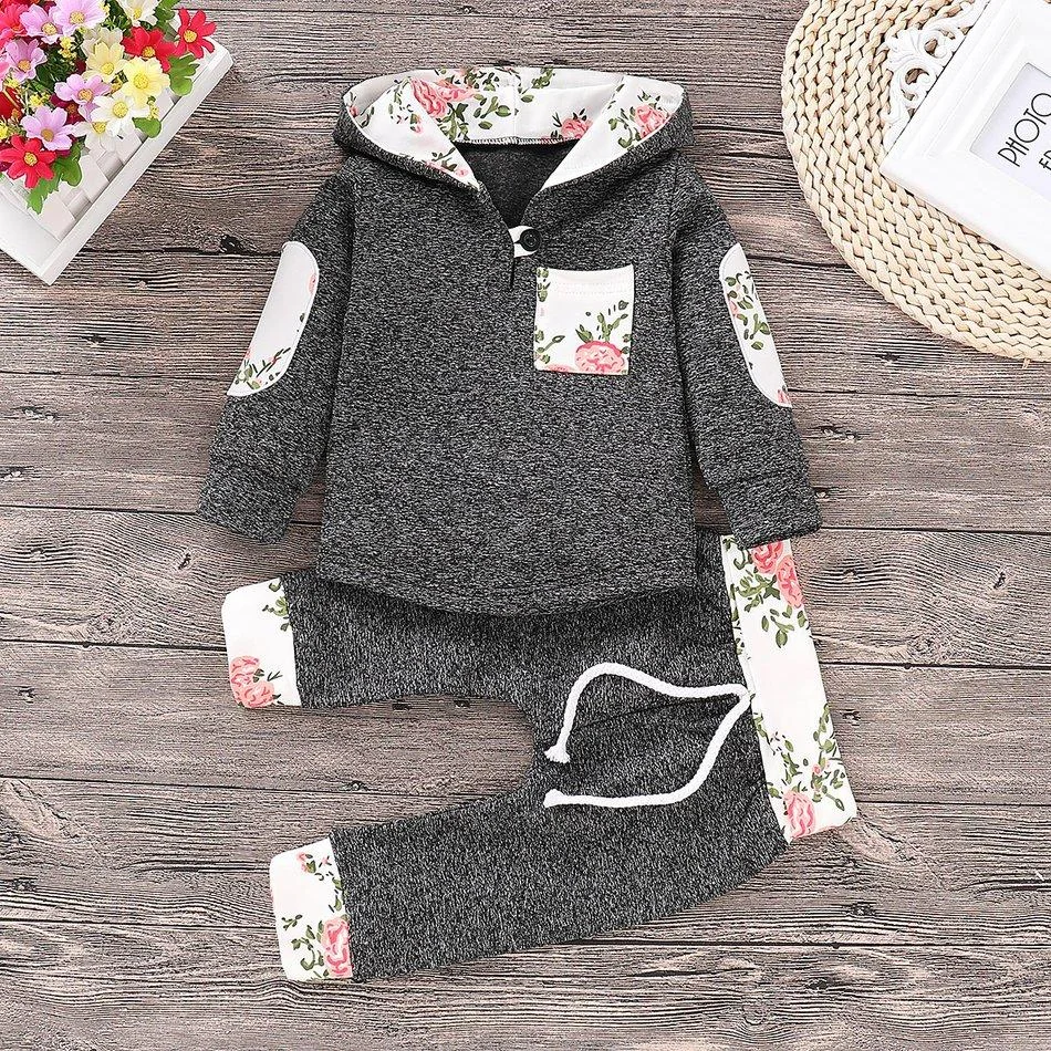 2PCS Floral Splicing Hoodie And Color Blocked Pants Set