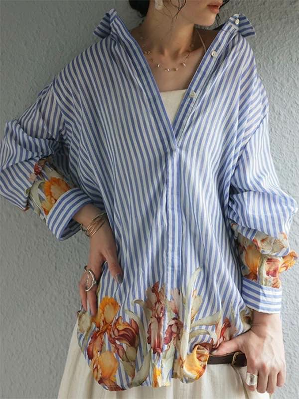 Long Sleeves Loose Buttoned Flower Print Striped Lapel Blouses&Shirts Tops