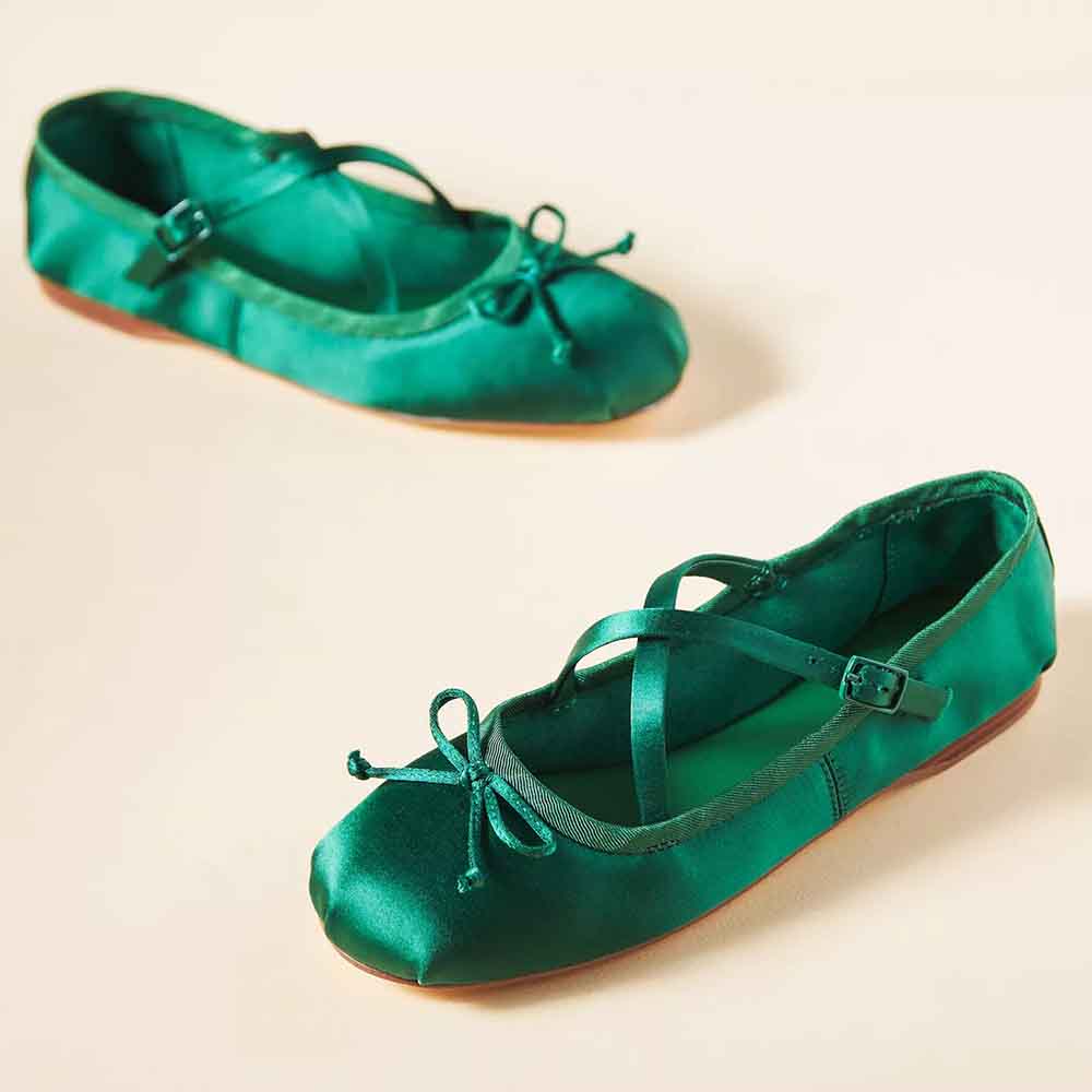 Green Satin Round Toe Criss-Cross Slip-On Ballet Flats with Bow Nicepairs