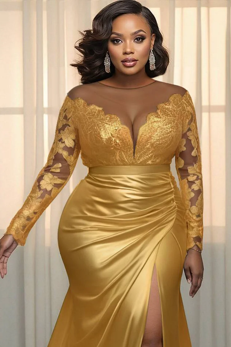 Xpluswear Design Plus Size Formal Lace Gold Turndown Collar Long Sleeve Split Elegant See Through Satin Maxi Dresses [Pre-Order]