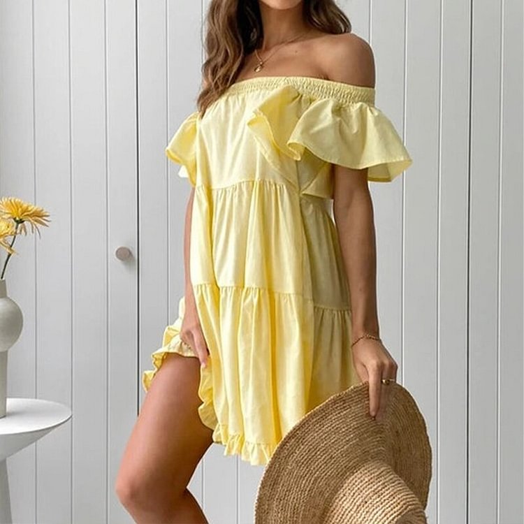 Women Short Sleeve A-Line Mini Party Dress Elegant Casual Solid Slash Neck Ruffles Dress Summer Fashion Pleated Chic Beach Dress