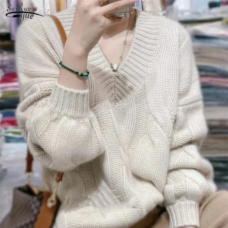 Winter Basic Oversize Cotton Thick Sweater Autumn Loose Cashmere Sweater Elegant Long Sleeve V-neck Warm Pullovers Female 17718