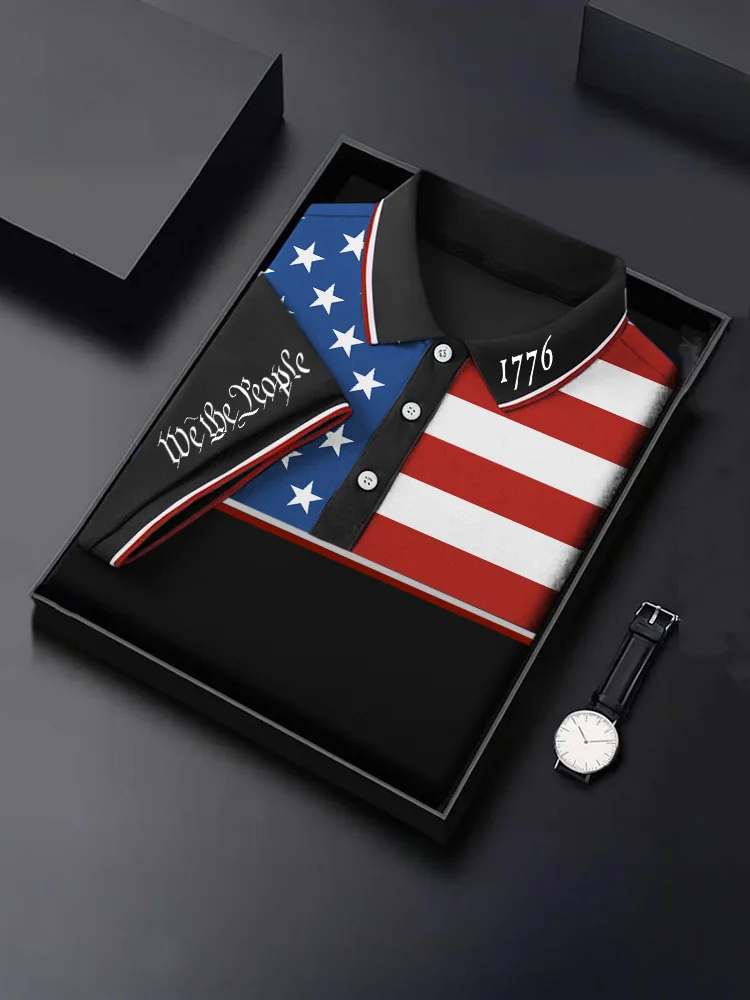 Men's Independence Day American Flag Contrast Polo Shirt