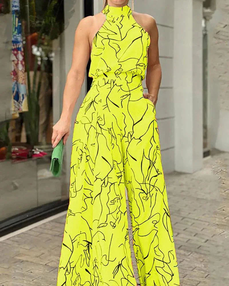 Sleeveless halterneck printed jumpsuit